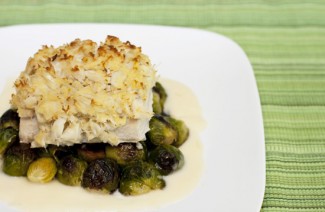 Recipe Photo: Crab Topped Mahi Mahi with a Lemon Sauce over Brussels Sprouts
