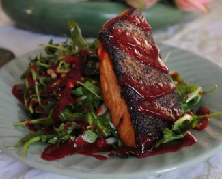 Recipe Photo: Crispy-skinned Salmon with Wheat Berry Salad and Chutney
