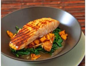 Recipe Photo: Green Tea-Lacquered Salmon with Sweet Potatoes and Spinach