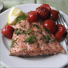 Recipe Photo: Roast Salmon with Caramelized Cherry Tomatoes