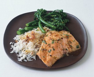 Recipe Photo: Lime-and Honey-Glazed Salmon with Basmati and Broccolini