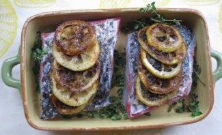 Recipe Photo; Striped Bass with Caramelized Lemons